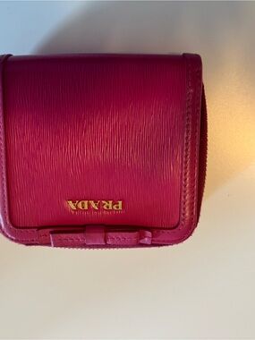 Prada Fuchsia Textured Leather Mini Wallet with Bow and Gold Logo
